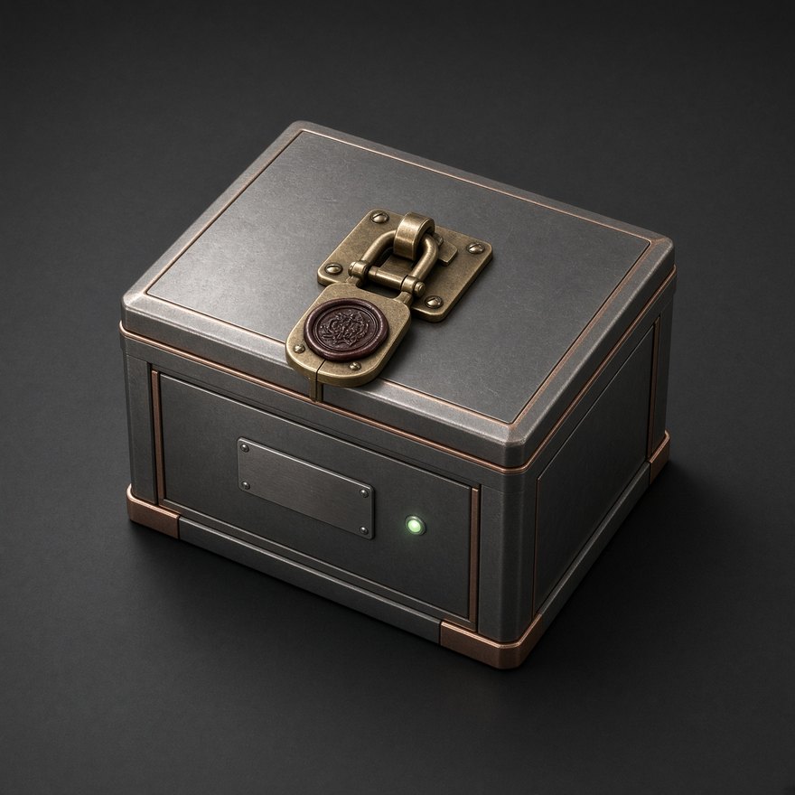 A sealed Shiftbox strongbox with brass latches and a wax seal